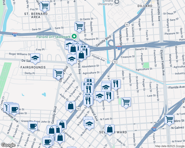 map of restaurants, bars, coffee shops, grocery stores, and more near 2814 Republic Street in New Orleans