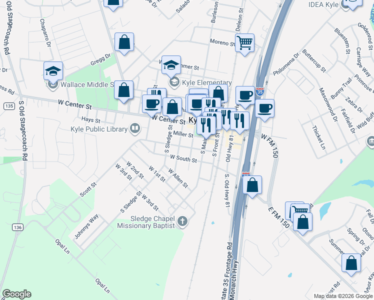 map of restaurants, bars, coffee shops, grocery stores, and more near 310 South Burleson Street in Kyle
