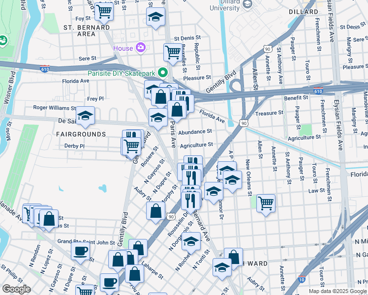 map of restaurants, bars, coffee shops, grocery stores, and more near 1622 Agriculture Street in New Orleans