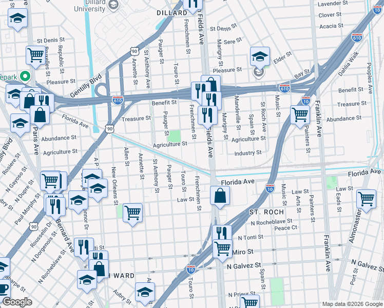 map of restaurants, bars, coffee shops, grocery stores, and more near 2815 Frenchmen Street in New Orleans