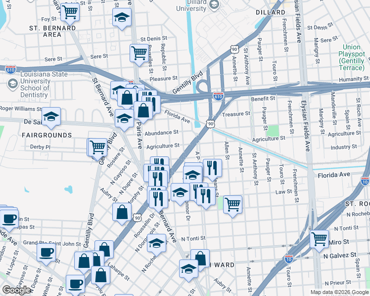 map of restaurants, bars, coffee shops, grocery stores, and more near 33146 North Broad Street in New Orleans