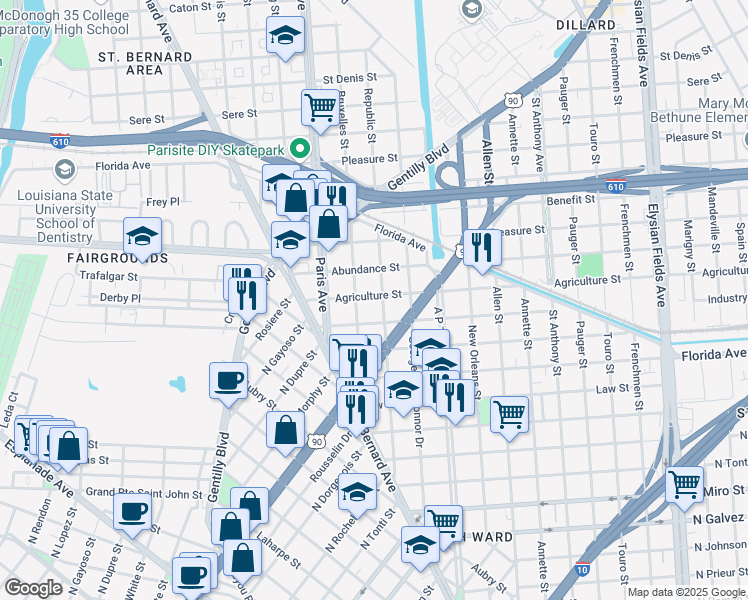 map of restaurants, bars, coffee shops, grocery stores, and more near 2814 Republic Street in New Orleans