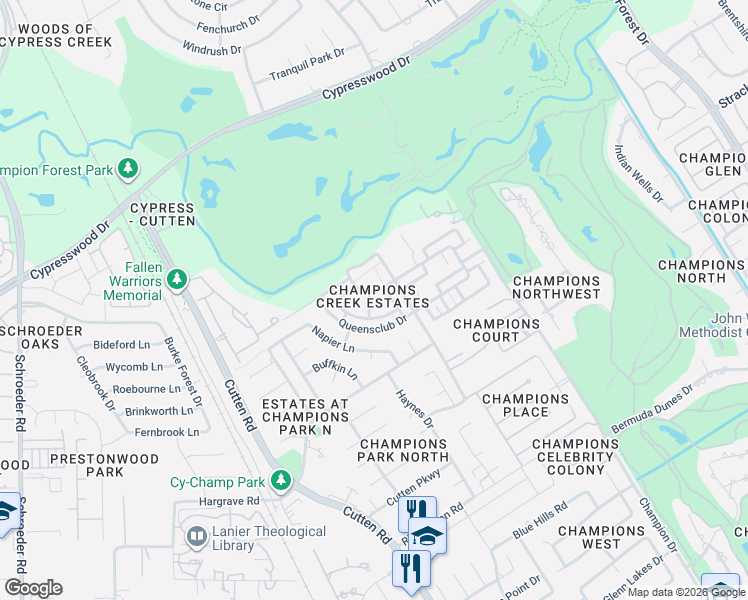 map of restaurants, bars, coffee shops, grocery stores, and more near 6825 Tournament Drive in Houston