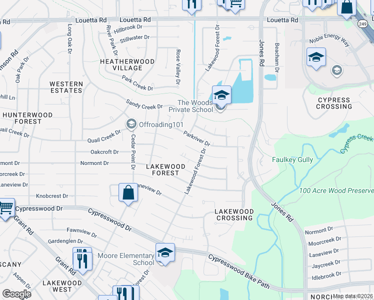 map of restaurants, bars, coffee shops, grocery stores, and more near 11710 Primwood Drive in Houston
