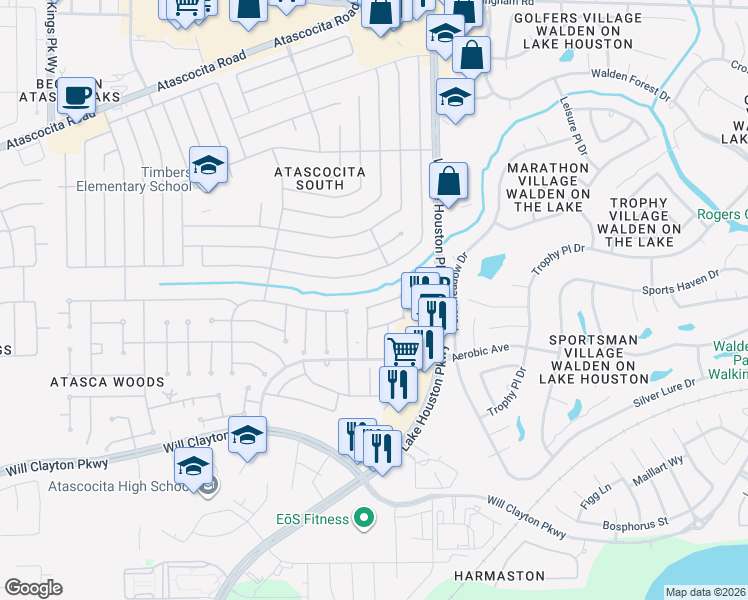 map of restaurants, bars, coffee shops, grocery stores, and more near 7414 Telico Junction Lane in Humble