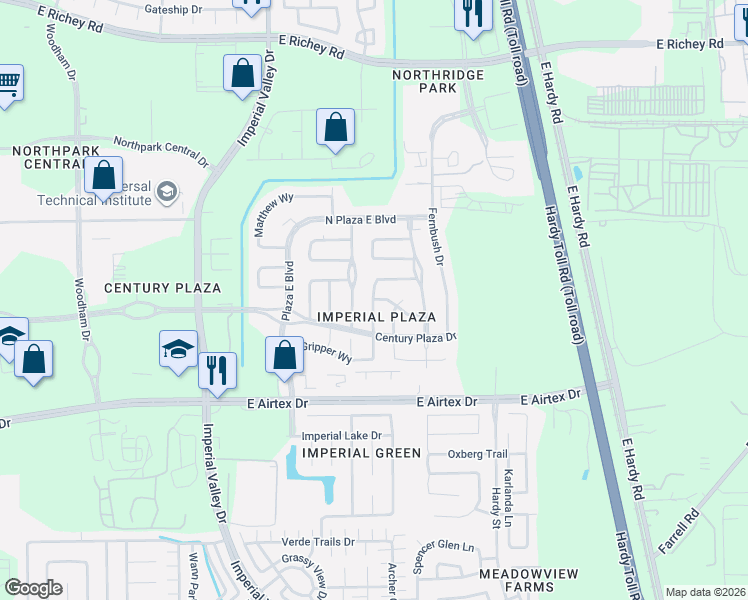 map of restaurants, bars, coffee shops, grocery stores, and more near 20326 Mcmeans Drive in Houston