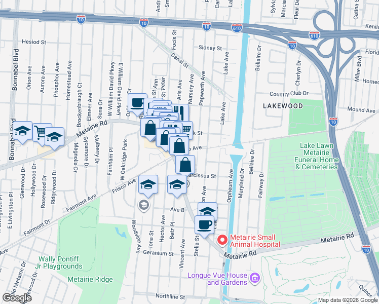 map of restaurants, bars, coffee shops, grocery stores, and more near 523 Metairie Road in Metairie