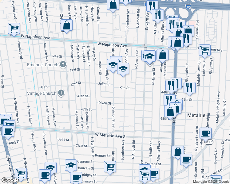 map of restaurants, bars, coffee shops, grocery stores, and more near 3713 45th Street in Metairie
