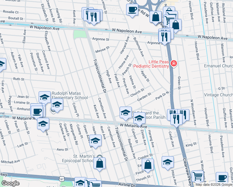 map of restaurants, bars, coffee shops, grocery stores, and more near 1300 High Avenue in Metairie