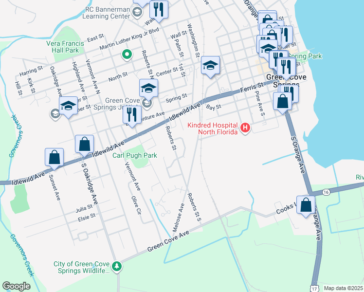 map of restaurants, bars, coffee shops, grocery stores, and more near 409 Roberts Circle in Green Cove Springs