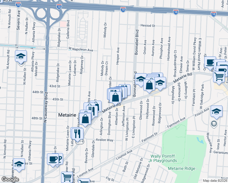 map of restaurants, bars, coffee shops, grocery stores, and more near 15 Beverly Garden Drive in Metairie