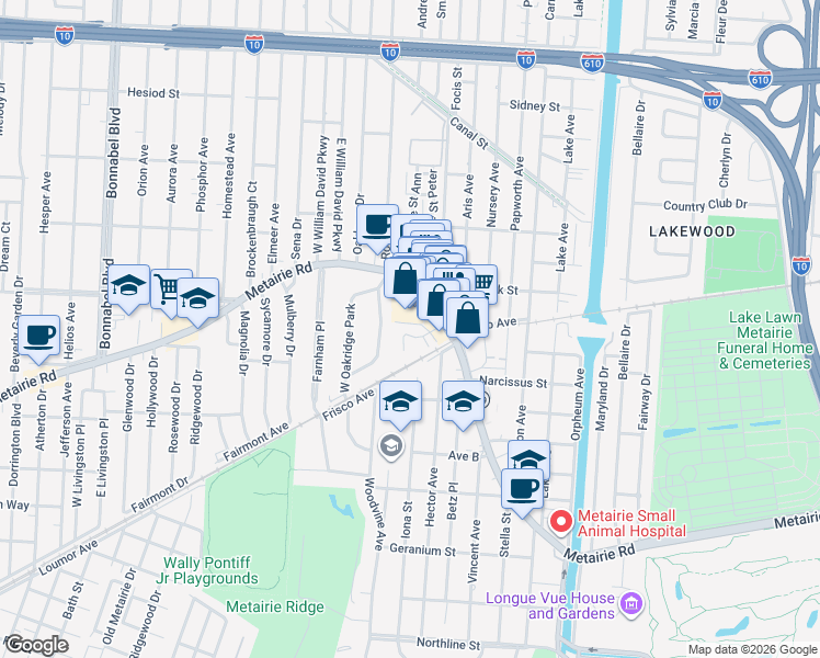 map of restaurants, bars, coffee shops, grocery stores, and more near 3 Central Drive in Metairie