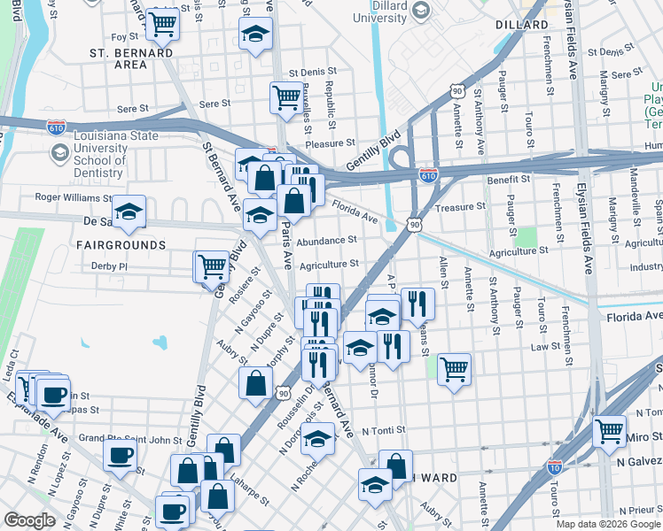 map of restaurants, bars, coffee shops, grocery stores, and more near 2814 Republic Street in New Orleans