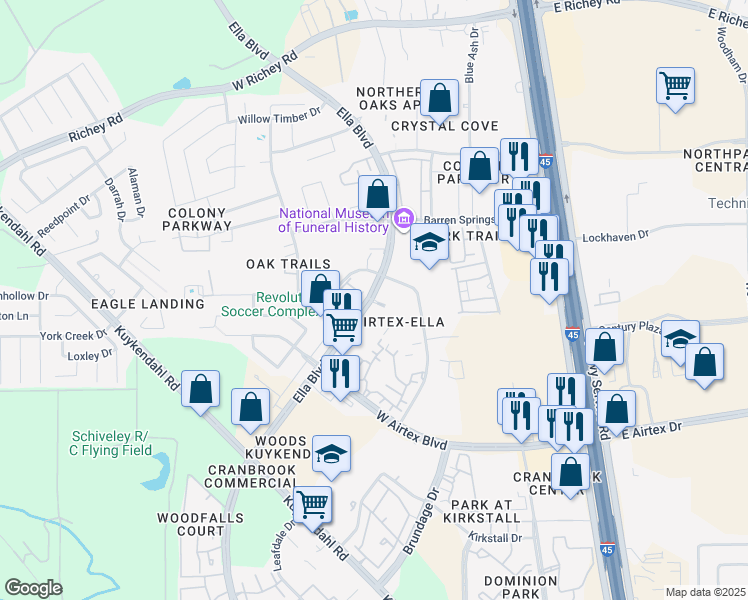 map of restaurants, bars, coffee shops, grocery stores, and more near 15100 Ella Boulevard in Houston