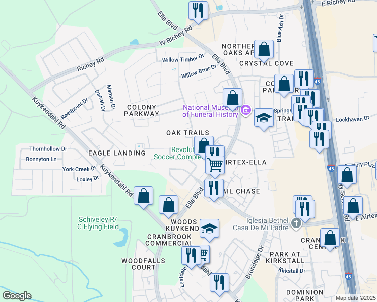 map of restaurants, bars, coffee shops, grocery stores, and more near 802 Grand Plains Drive in Houston