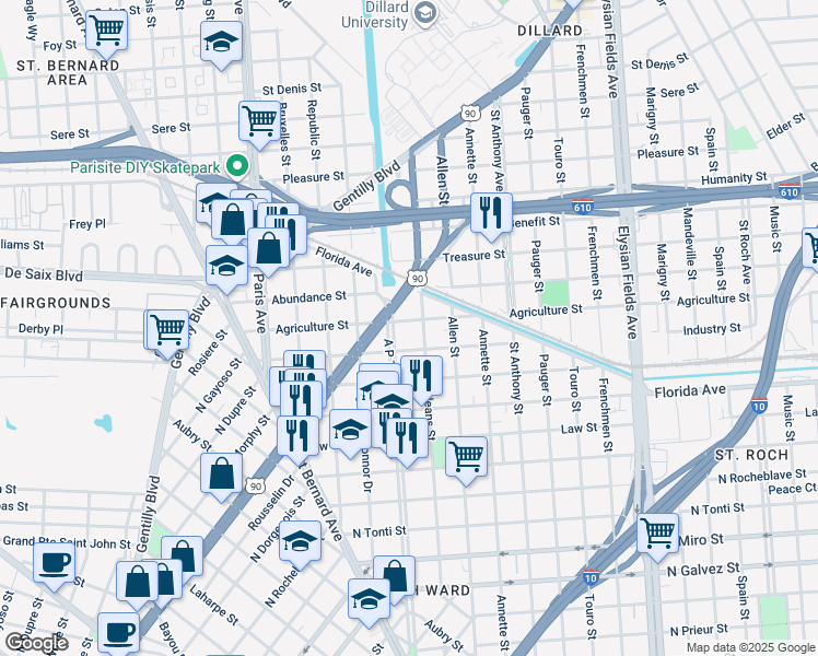 map of restaurants, bars, coffee shops, grocery stores, and more near 1820 Agriculture Street in New Orleans