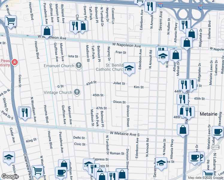 map of restaurants, bars, coffee shops, grocery stores, and more near 1404 Irene Drive in Metairie