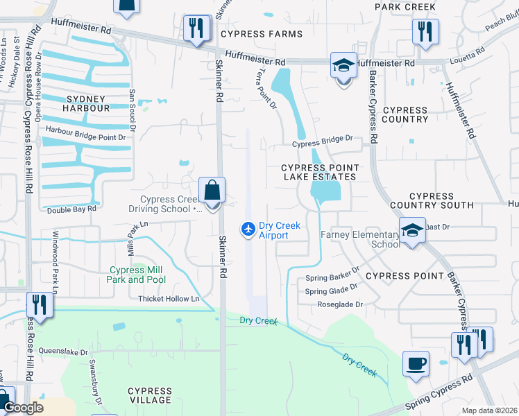 map of restaurants, bars, coffee shops, grocery stores, and more near 14415 Dry Creek Drive in Cypress