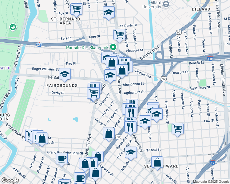 map of restaurants, bars, coffee shops, grocery stores, and more near 2829 Saint Bernard Avenue in New Orleans