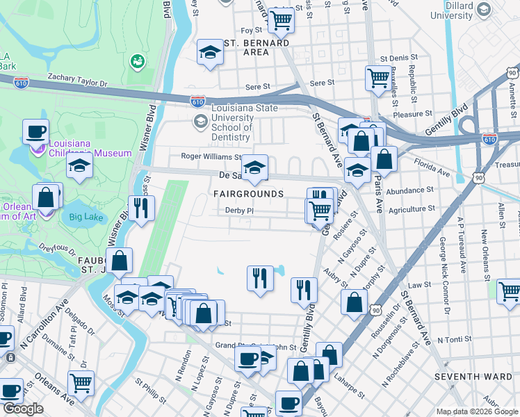 map of restaurants, bars, coffee shops, grocery stores, and more near 3408 Derby Place in New Orleans
