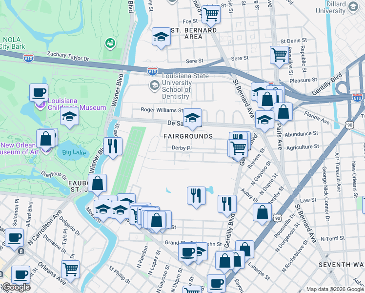 map of restaurants, bars, coffee shops, grocery stores, and more near 3408 Derby Place in New Orleans