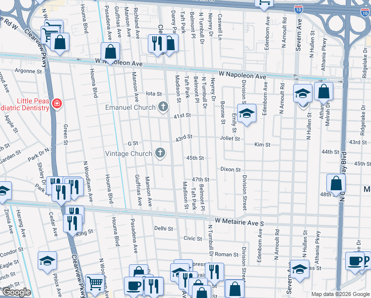 map of restaurants, bars, coffee shops, grocery stores, and more near in Metairie