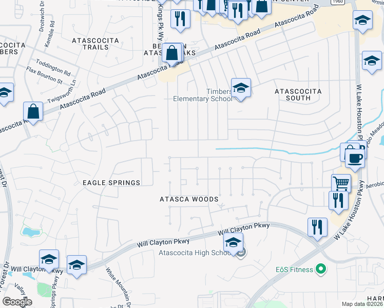map of restaurants, bars, coffee shops, grocery stores, and more near 6727 Atasca Creek Drive in Humble