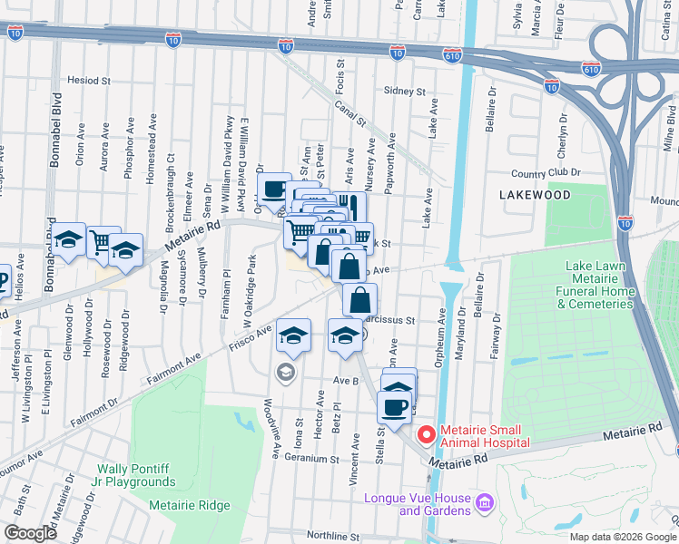 map of restaurants, bars, coffee shops, grocery stores, and more near 601 Metairie Road in Metairie