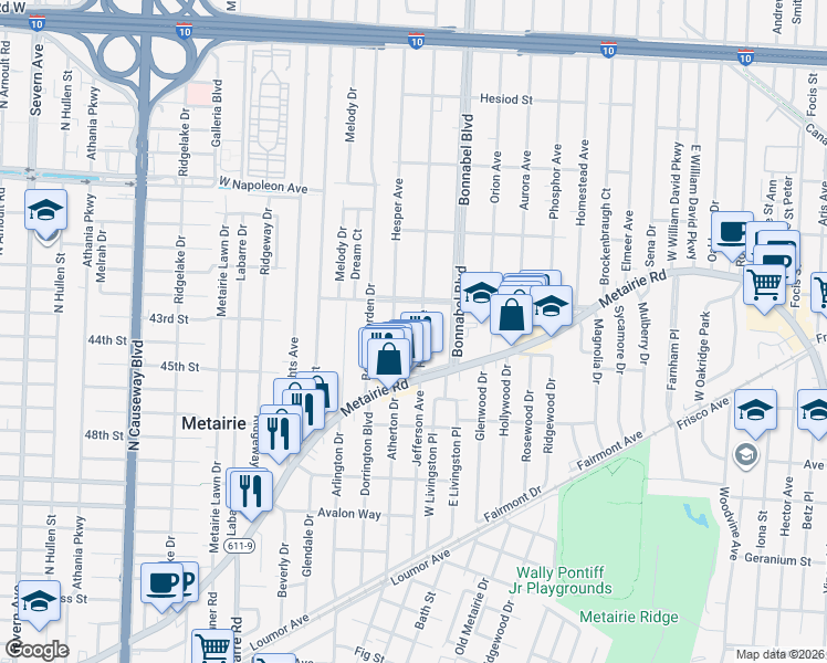 map of restaurants, bars, coffee shops, grocery stores, and more near 121 Hesper Avenue in Metairie
