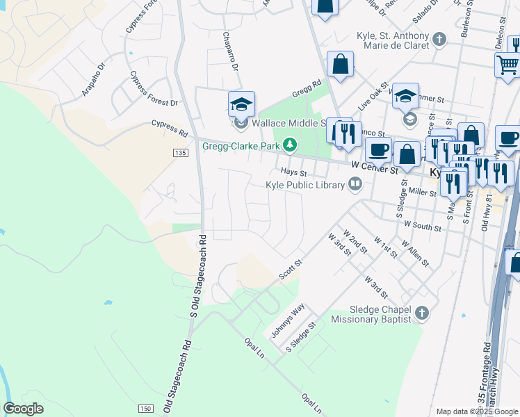 map of restaurants, bars, coffee shops, grocery stores, and more near 124 Redcliff Path in Kyle