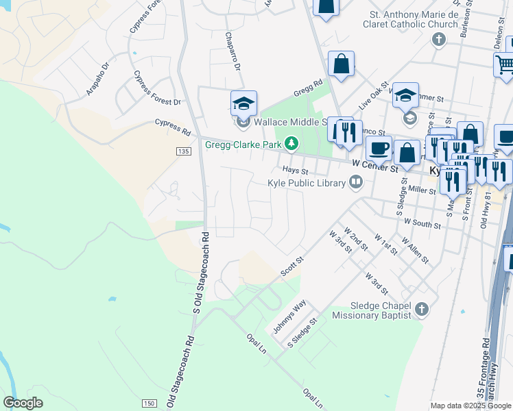 map of restaurants, bars, coffee shops, grocery stores, and more near 124 Redcliff Path in Kyle