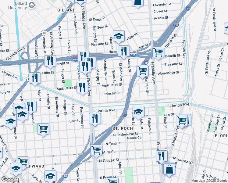 map of restaurants, bars, coffee shops, grocery stores, and more near 2721 Mandeville Street in New Orleans
