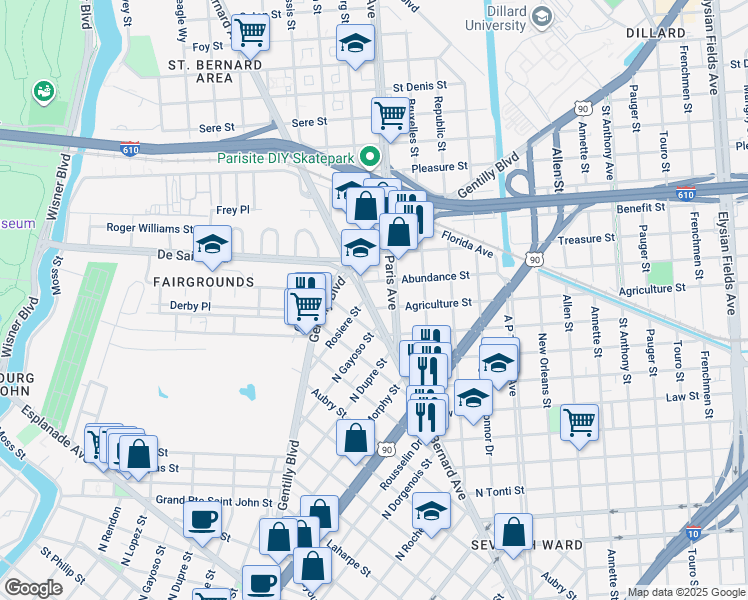map of restaurants, bars, coffee shops, grocery stores, and more near 2829 Saint Bernard Avenue in New Orleans