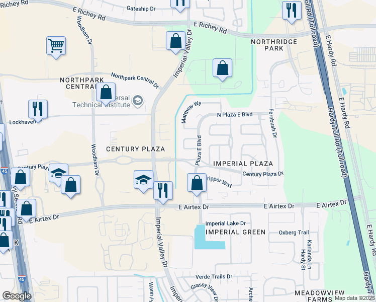 map of restaurants, bars, coffee shops, grocery stores, and more near 931 Century Plaza Drive in Houston