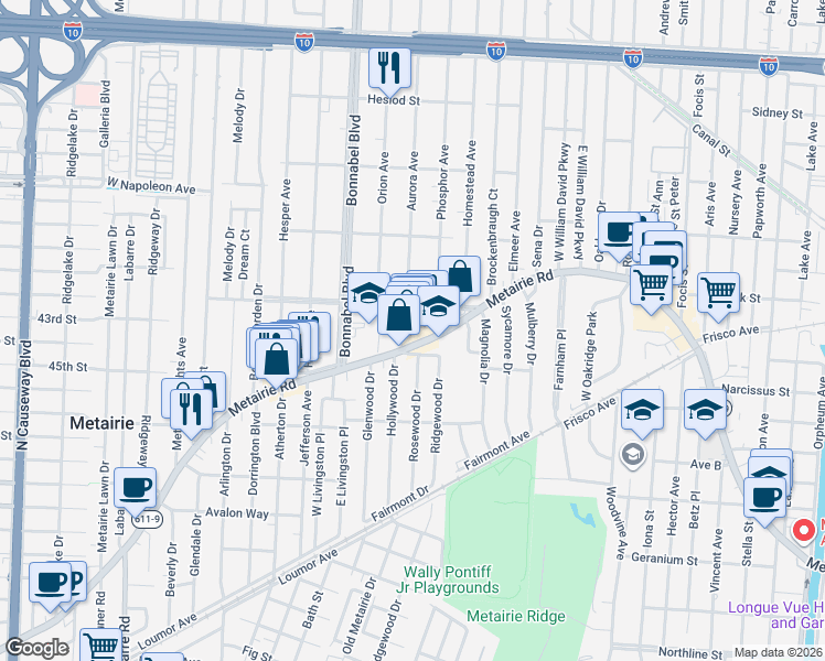 map of restaurants, bars, coffee shops, grocery stores, and more near 1517 Metairie Road in Metairie