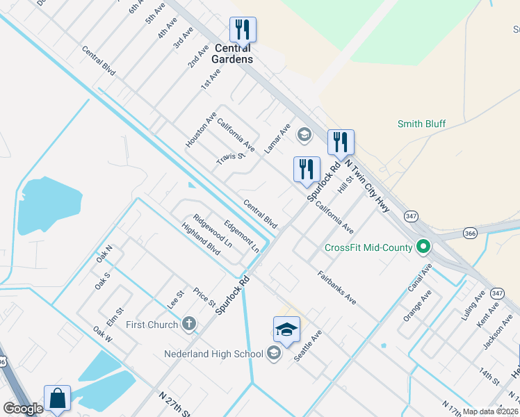 map of restaurants, bars, coffee shops, grocery stores, and more near 2523 Central Boulevard in Nederland