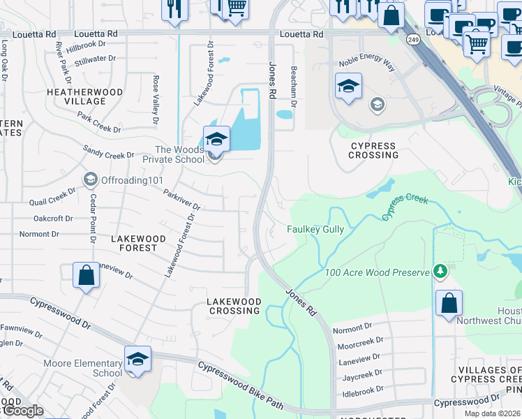 map of restaurants, bars, coffee shops, grocery stores, and more near 24760 Jones Road in Houston