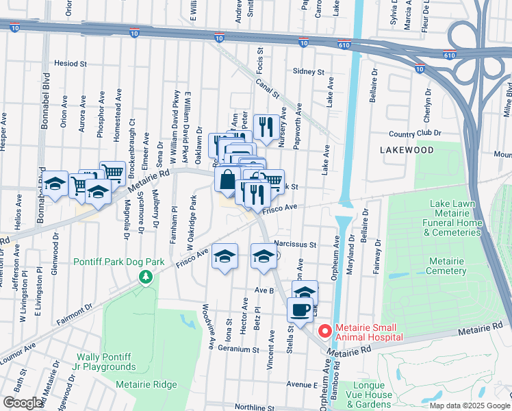 map of restaurants, bars, coffee shops, grocery stores, and more near 701 Metairie Road in Metairie