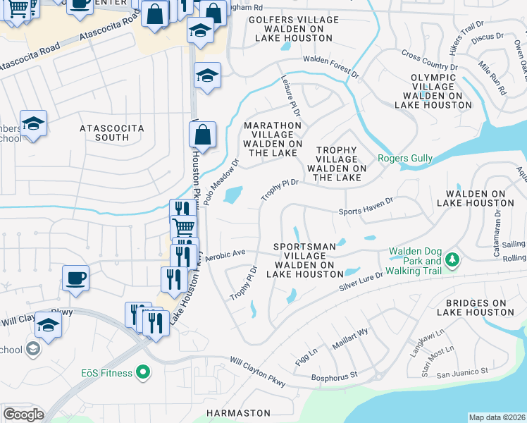 map of restaurants, bars, coffee shops, grocery stores, and more near 8018 Trophy Place Drive in Humble