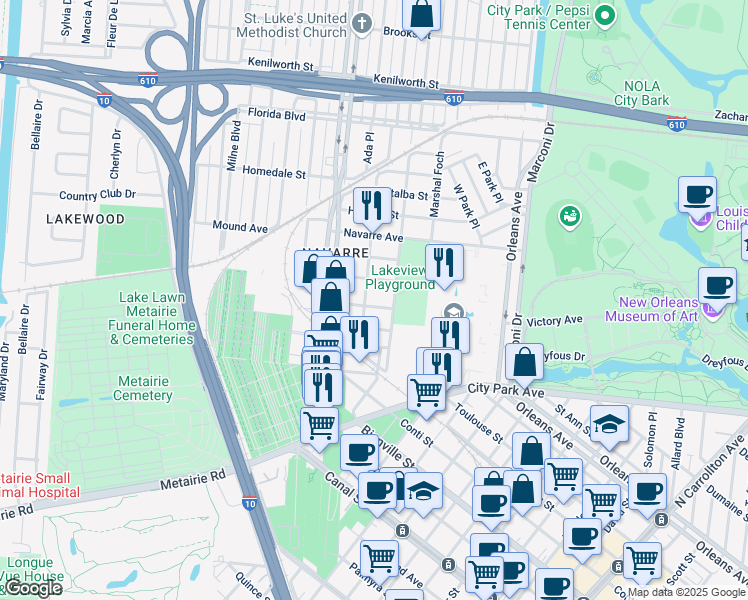 map of restaurants, bars, coffee shops, grocery stores, and more near 810 Voisin Street in New Orleans