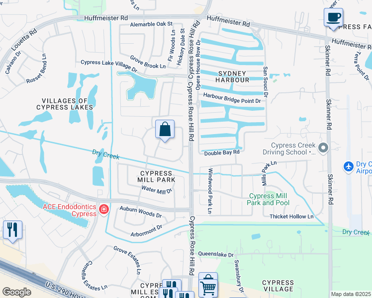 map of restaurants, bars, coffee shops, grocery stores, and more near 14911 Cypress Ridge Grove Lane in Cypress