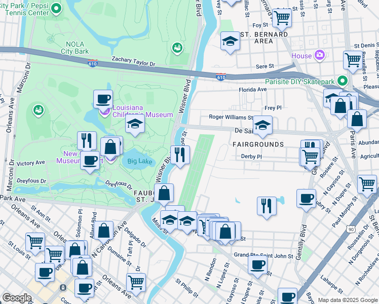 map of restaurants, bars, coffee shops, grocery stores, and more near 3454 Parkview Place in New Orleans