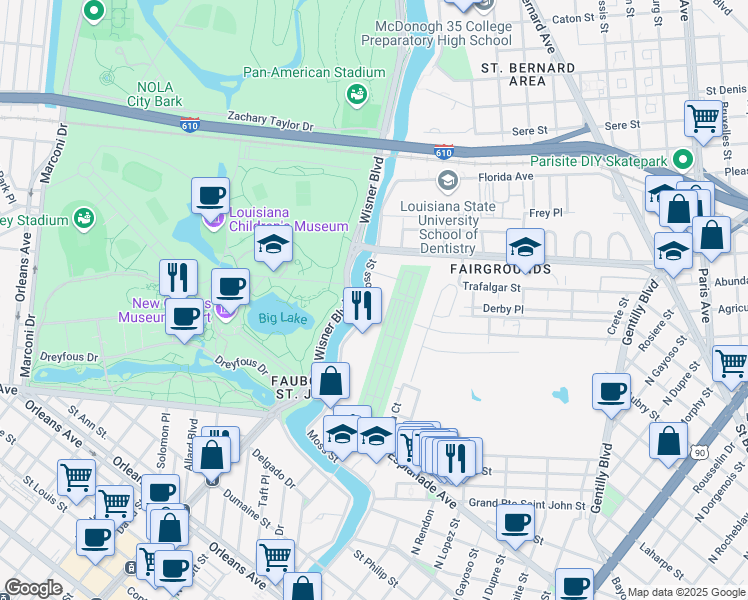 map of restaurants, bars, coffee shops, grocery stores, and more near 3454 Parkview Place in New Orleans