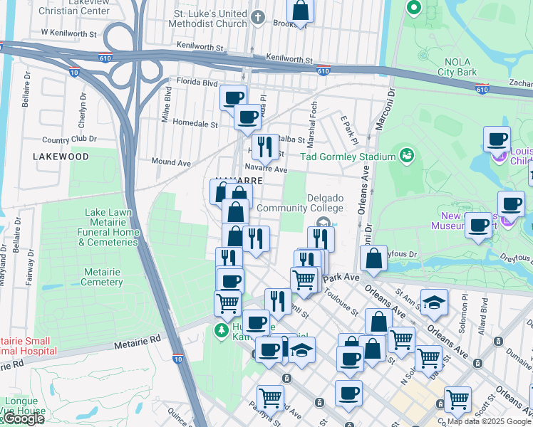 map of restaurants, bars, coffee shops, grocery stores, and more near 810 Voisin Street in New Orleans