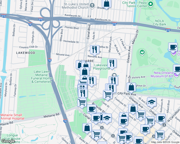 map of restaurants, bars, coffee shops, grocery stores, and more near 5367 Canal Boulevard in New Orleans