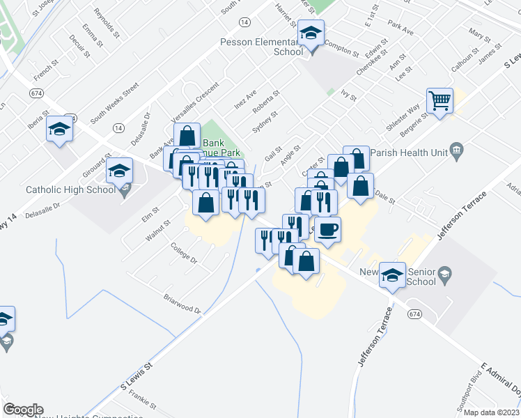 map of restaurants, bars, coffee shops, grocery stores, and more near 924 East Admiral Doyle Drive in New Iberia