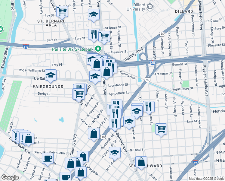 map of restaurants, bars, coffee shops, grocery stores, and more near 1627 Abundance Street in New Orleans