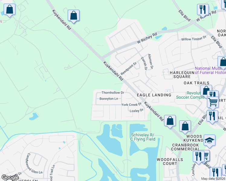 map of restaurants, bars, coffee shops, grocery stores, and more near 1702 Thornhollow Drive in Houston