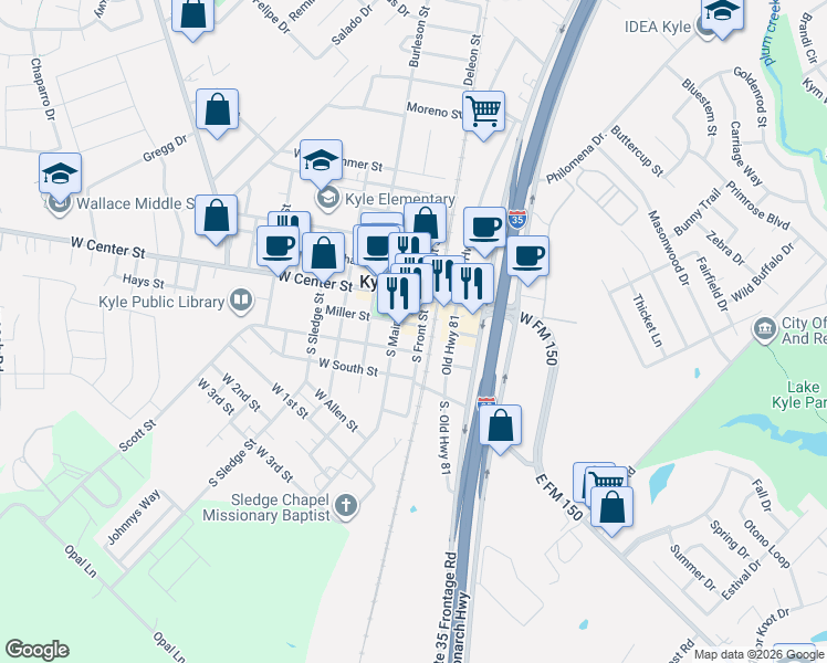 map of restaurants, bars, coffee shops, grocery stores, and more near 111 South Main Street in Kyle