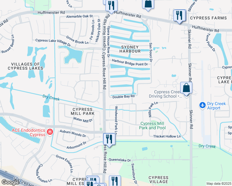 map of restaurants, bars, coffee shops, grocery stores, and more near 18034 Dunoon Bay Point Court in Cypress